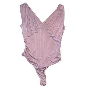 Express V-Neck Sleeveless Ruched Thong Body Contour Bodysuit Pink Large